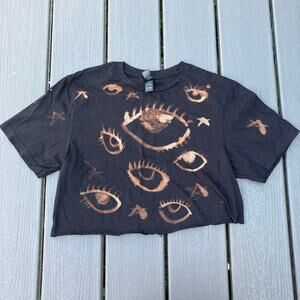 Black bleached eye pattern crop top with stars, whimsigoth Y2K grunge indie